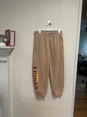 adidas Men’s Beige Sweatpants with Burgundy Side Lettering